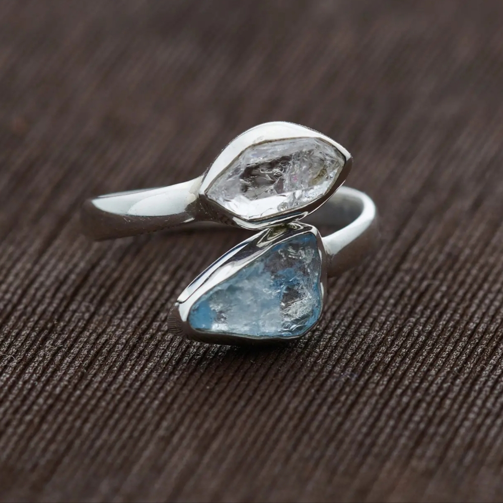 NWT 925 Silver Aquamarine and Herkimer Diamond Ring size 9